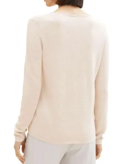 Pull en coton mélangé beige uni avec une coupe droite et un col v