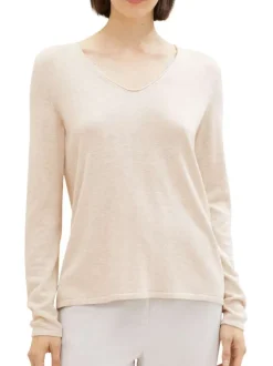 Pull en coton mélangé beige uni avec une coupe droite et un col v