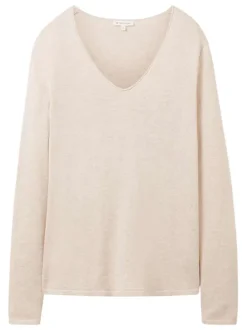 Pull en coton mélangé beige uni avec une coupe droite et un col v