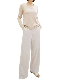 Pull en coton mélangé beige uni avec une coupe droite et un col v