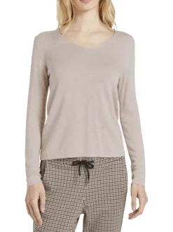 Pull en coton mélangé beige uni avec une coupe droite et un col v
