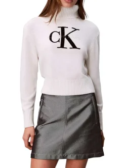 Pull en coton mélangé blanc en maille avec un col roulé et logo noir brodé