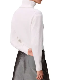 Pull en coton mélangé blanc en maille avec un col roulé et logo noir brodé