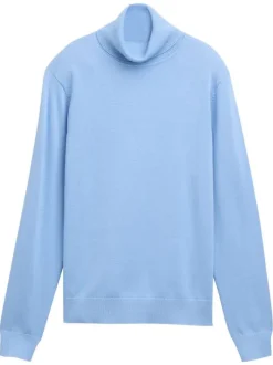 Pull en coton mélangé bleu ciel avec un col roulé finement côtelé
