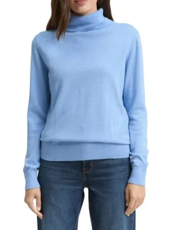 Pull en coton mélangé bleu ciel avec un col roulé finement côtelé
