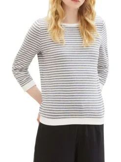 Pull en coton mélangé bleu rayé coupe droite avec un col rond