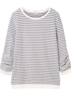 Pull en coton mélangé bleu rayé coupe droite avec un col rond
