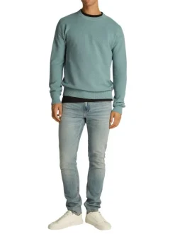 Pull en coton mélangé bleu uni avec une coupe droite et un col rond