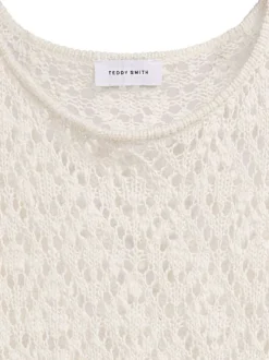 Pull en coton mélangé écru en maille ajourée avec coupe droite et col rond