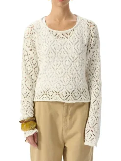 Pull en coton mélangé écru en maille ajourée avec coupe droite et col rond