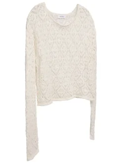 Pull en coton mélangé écru en maille ajourée avec coupe droite et col rond