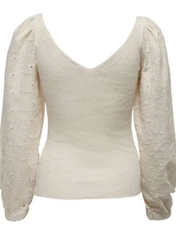Pull en coton mélangé écru à motif floral au niveau des manches