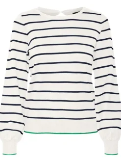 Pull en coton mélangé écru rayé avec une coupe droite et un col ras du cou
