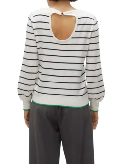 Pull en coton mélangé écru rayé avec une coupe droite et un col ras du cou