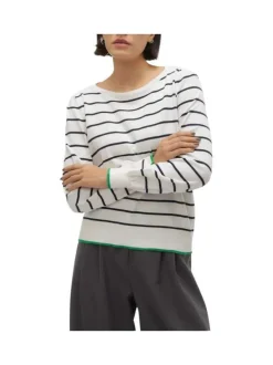 Pull en coton mélangé écru rayé avec une coupe droite et un col ras du cou