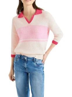 Pull en coton mélangé écru uni pourvu d'un col polo et d'une coupe droite
