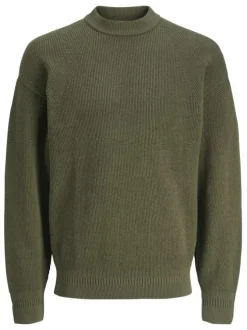 Pull en coton mélangé kaki en maille piquée à coupe droite et à col montant