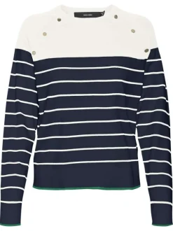 Pull en coton mélangé marine et blanc rayé à coupe regular fit avec col rond
