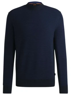 Pull en coton mélangé marine uni avec une coupe droite et un col rond à rayures