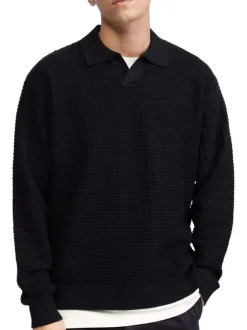 Pull en coton mélangé noir en maille effet gaufrée avec un col v à revers