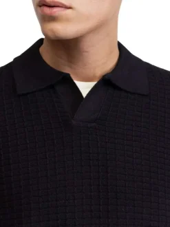 Pull en coton mélangé noir en maille effet gaufrée avec un col v à revers