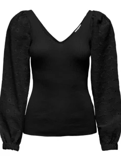Pull en coton mélangé noir fleuri avec un col v arrondi et une coupe ajustée