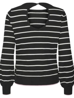 Pull en coton mélangé noir rayé avec une coupe droite et un col ras du cou