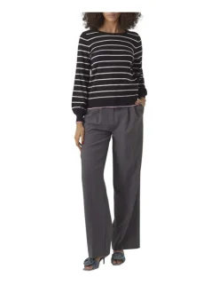Pull en coton mélangé noir rayé avec une coupe droite et un col ras du cou