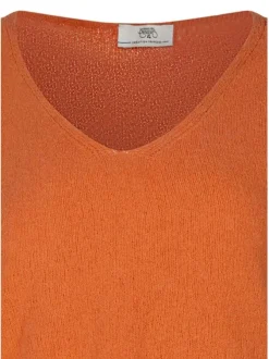 Pull en coton mélangé orange uni pourvu d'une coupe droite et d'un col v