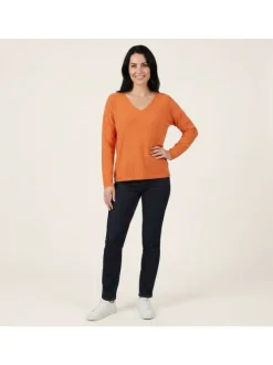 Pull en coton mélangé orange uni pourvu d'une coupe droite et d'un col v