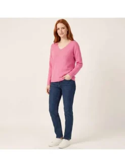 Pull en coton mélangé rose uni pourvu d'une coupe droite et d'un col v