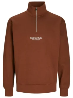 Pull en coton mélangé rouille uni à coupe droite et à col montant zippé
