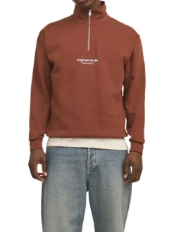 Pull en coton mélangé rouille uni à coupe droite et à col montant zippé