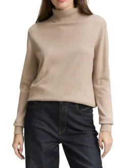 Pull en coton mélangé taupe avec un col roulé finement côtelé