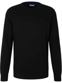 Pull en coton noir avec un col rond une coupe droite et logo brodé poitrine