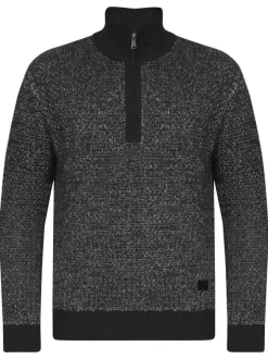Pull en coton noir chiné avec une coupe droite et un col camionneur demi-zip