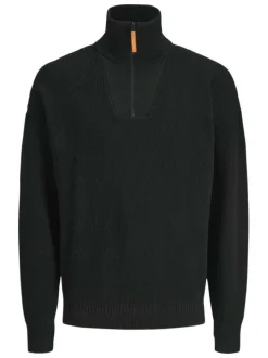 Pull en coton noir côtelé à coupe droite et col montant et zippé resserré