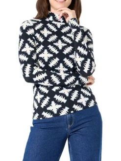 Pull en coton noir et écru à motif fantaisie avec un col montant