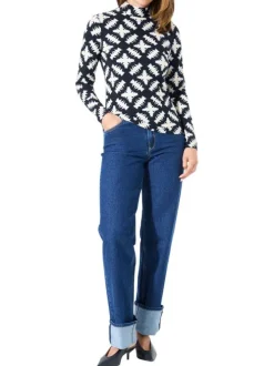 Pull en coton noir et écru à motif fantaisie avec un col montant