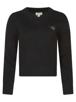 Pull en coton noir à maille fine avec une coupe droite et un col v