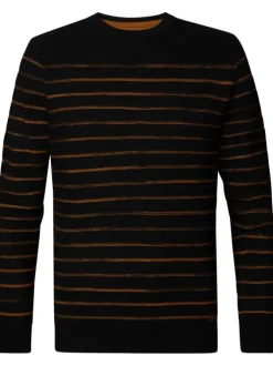 Pull en coton noir à rayures orange avec coupe droite et col rond