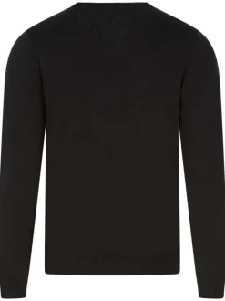 Pull en coton noir uni avec un col v côtelé et le nom de la marque