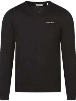 Pull en coton noir uni avec un col v côtelé et le nom de la marque