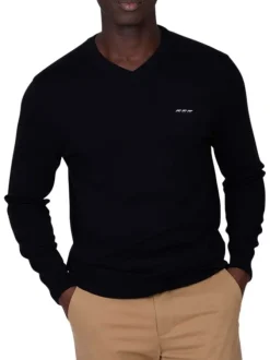 Pull en coton noir uni avec une coupe droite à col v et logo iconique