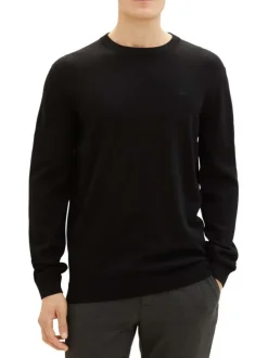 Pull en coton noir uni coupe droite avec un col rond et logo bordé poitrine