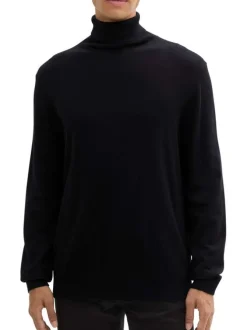 Pull en coton noir uni droit à col roulé avec extrémités en bord-côte