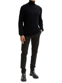 Pull en coton noir uni droit à col roulé avec extrémités en bord-côte
