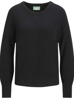 Pull en coton noir uni en maille tricotée à coupe droite et col rond