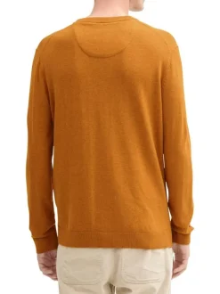 Pull en coton ocre uni à coupe droite, col rond et logo brodé sur la poitrine