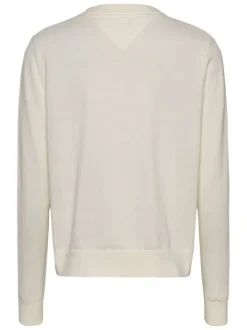 Pull en coton régénératif écru uni droit à col v et logo à la poitrine